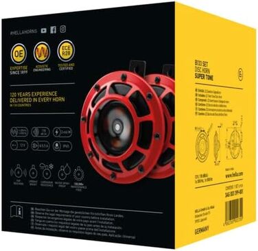 Електричний звуковий сигнал HELLA B133, 12В, 118дБ, 300/500Гц, низький/високий тон, комплект 2 шт., червоний/чорний, плоский роз'єм
