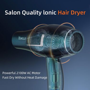 Професійний іонний фен для волосся Salon 2100W, швидке сушіння, 2 швидкості, 3 температурні режими, набір насадок (дифузор, концентратори, гребінці), зелений