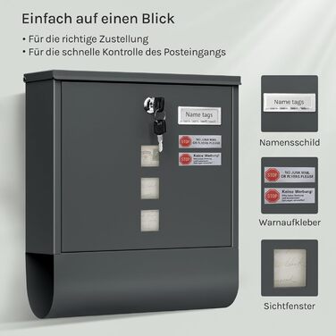Поштовий ящик WOLTU з газетницею та вікном, замок, табличка для імені, вуличний, антрацит 37x37x10.5 см