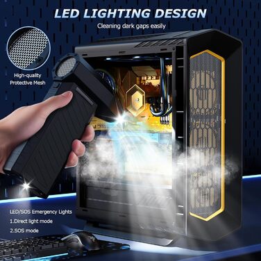 Електричний пилосос-фен CCmall з LED-підсвічуванням, 3 режими, 180000 об/хв, акумулятор 10000mAh, для глибокого очищення авто, дому, клавіатури, ПК