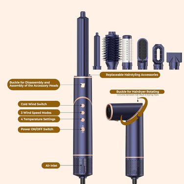 Фен-щітка Air Styler 7 в 1: іонізація, складний, 110,000 обертів, для укладання, локонів, випрямлення, блакитний