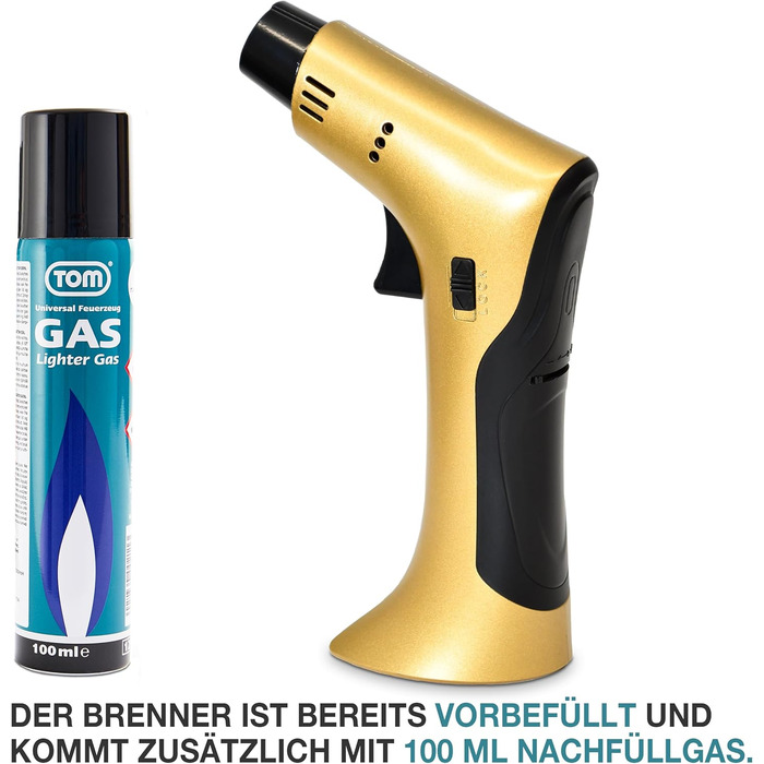 Набір кулінарного пальника TOM Jetflame (Золотий) з балоном бутану: професійний газовий пальник з замком безпеки для кухні, кемпінгу та майстерні, багаторазовий