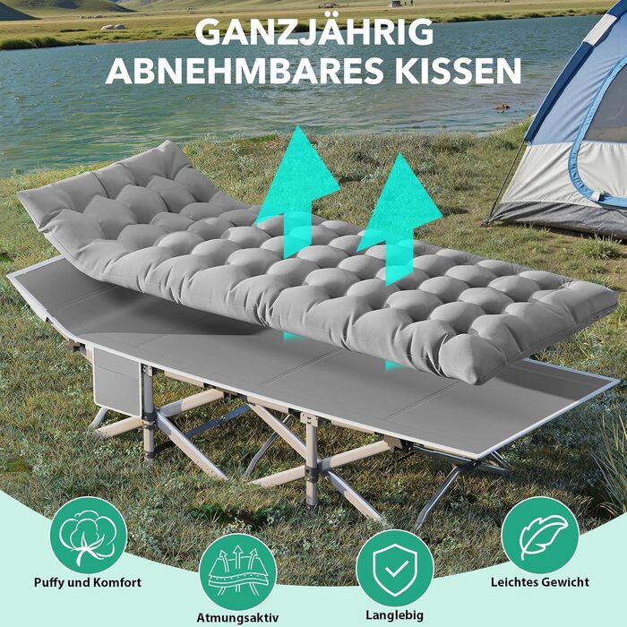 Розкладне ліжко Feldbett з матрацом, до 208 кг, сіре, XL 190x71x35 см - для кемпінгу, саду, пляжу, гостей