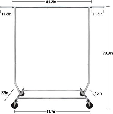 Camabel Clothes Rack with Wheels, 303lbs Clothes Stand, Metal, Adjustable Length 130-189cm (51-75in), Stainless Steel, Wheels, Rolling Garment Rack, Extendable, Clothes Hanger with Brake, Metal Wardrobe Stand