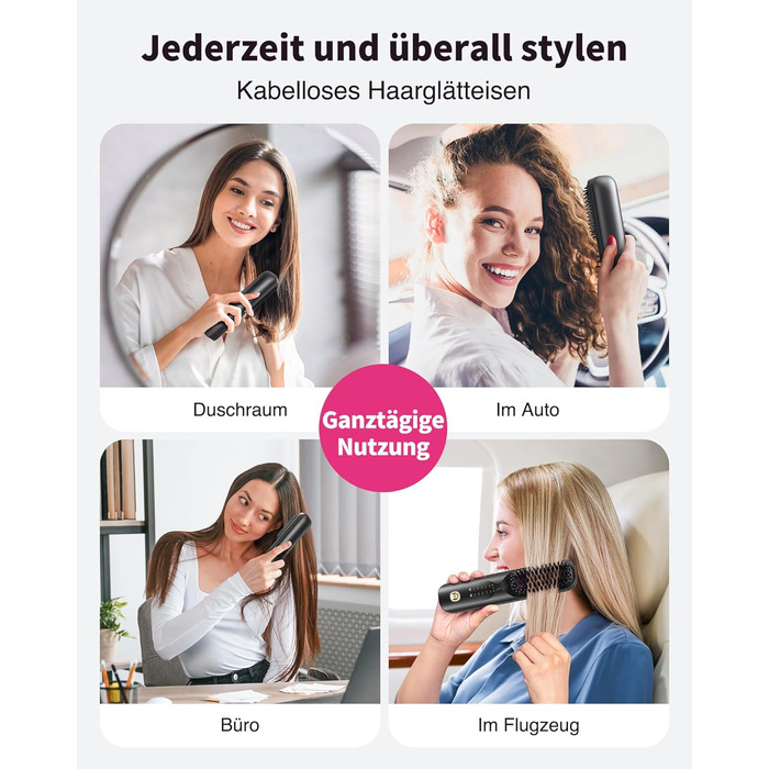 Bopcal Міні випрямляч для волосся - щітка-випрямляч, бездротова, 10000mAh, іонна технологія, професійний захист від опіків, швидкий нагрів, 6 температурних режимів, для подорожей, чорний