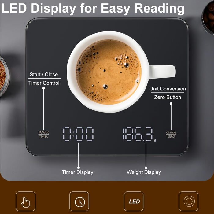 OBEST Mini Coffee Scale with Timer - 3kg/0.1g Digital Scale for Coffee Brewing, Portable Electronic Kitchen Scale with LED Display & Auto Timer