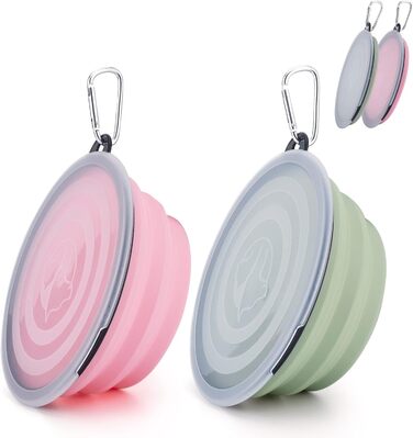 Складані годівниці для собак SLSON (2 шт.) з кришкою та карабінами. Зручні для прогулянок, подорожей та щоденного використання (L, блакитний, рожевий)