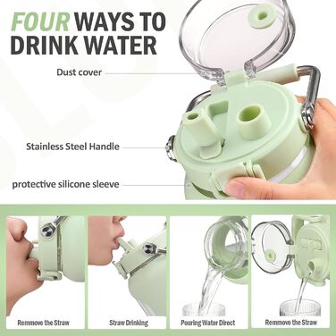 BLUEGO 2500ml Glass Drinking Bottle with Stainless Steel Handle, 2.5L Large Water Bottle with Time Markers and Silicone Sleeve, Half Gallon Water Jug, BPA-Free for Sports, Daily Use, Light Green