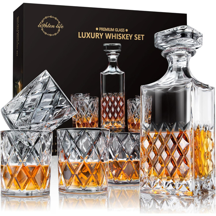 LIGHTEN LIFE Whisky Decanter and Glasses Set, Whiskey Decanter Set, Whiskey Gift Set, 849 ml Crystal Whisky Decanter with 4 Glasses 280 ml in Gift Box (5 Pieces)