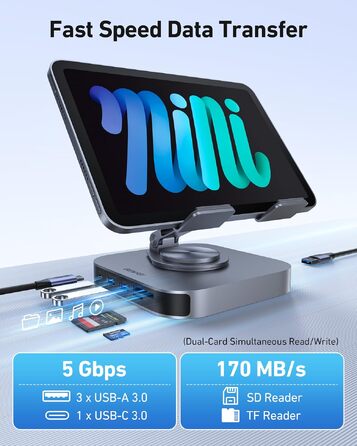 Багатофункціональний USB-C хаб та підставка BENFEI 9-в-1 для iPad Pro/Air/Mini: 4K@60Hz HDMI, Ethernet, USB 3.0, 100W PD, картридер SD/TF, складана поворотна конструкція