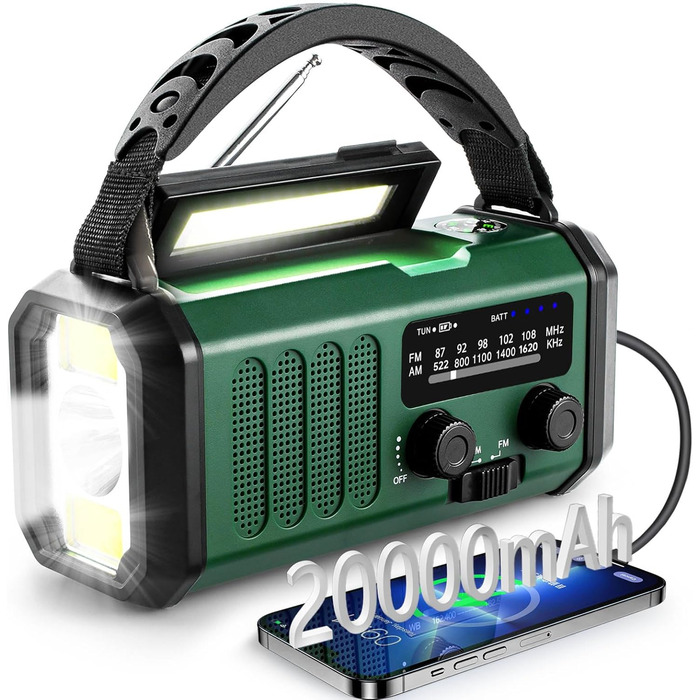 Радіо TKMARS на сонячній батареї 20000mAh з ручним заводом, FM/AM, SOS-сигнал, ліхтарик, компас. Зарядка телефонів USB