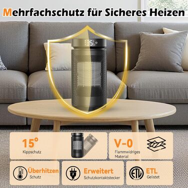 Електричний обігрівач PTC керамічний 2200W з пультом дистанційного керування, 4 режими, таймер 12H, термостат, ECO-режим, осциляція 70°, захист від перегріву та перекидання, для дому та офісу (чорний, 27см)