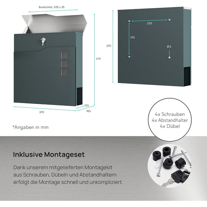 Поштовий ящик антрацит RAL 7016 Svenja з написом та газетницею - сталевий порошково-пофарбований, з 3 вікнами огляду