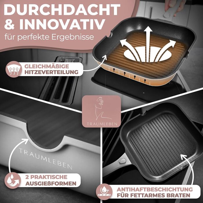 Гриль-сковорода NEU 28 см з виливом та знімною ручкою, антипригарна, без PFOA, для індукції, жаростійка, сіра