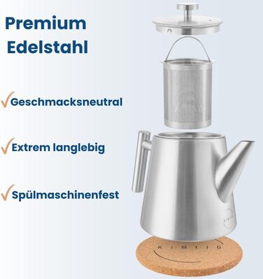 Заварник для чаю Teekanne з ситечком, 1 л, нержавіюча сталь, з функцією підігріву та пробковим підстаканником, двостінний чайник для листового чаю та трав'яних настоїв