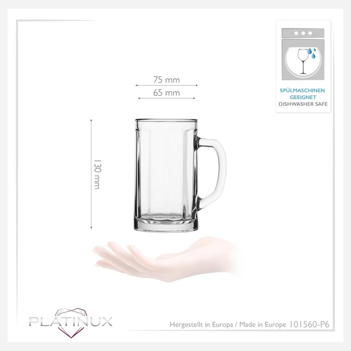 Набір пивних склянок PLATINUX Bierseidel 6 шт, 300 мл (макс. 350 мл), прозорі скляні кружки з ручкою для пива, 0.3л