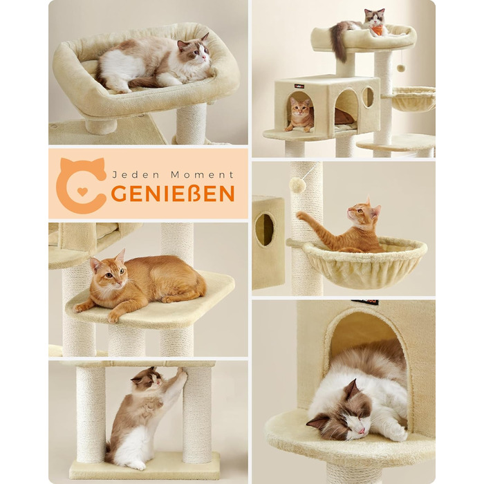 Feandrea Cat Tree for Large Cats, XXL, Heavy-Duty, Cat Tower with 6 Extra Thick Scratching Posts, Large Platform, Cave, Basket, Flexible Assembly, Detachable and Washable Cushions, Beige PCT01M