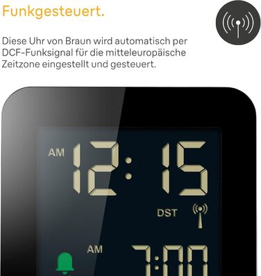 Braun Digital Radio Alarm Clock Central European Time (CET) with Snooze Function, Negative LC Display, Quick Set Function, Crescendo Alarm in Black, Model BC09B-DCF.