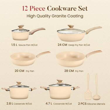 Набір кухонного посуду Kitchen Academy 12 предметів бежевий гранітний антипригарний для індукції, без PFOA/PFOS, сковороди та каструлі для всіх типів плит