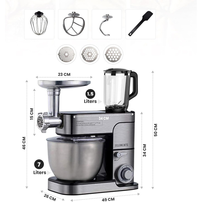 KB-ELEMENTS 3-in-1 Kitchen Machine 2500W, 8.5L, Meat Grinder, Dough Kneader, Food Processor, Mixer, Stand Mixer, Stainless Steel Kitchen Machine, 7L Stainless Steel Bowl, Multifunctional