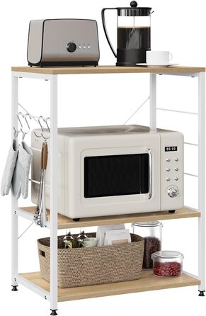 WOLTU Kitchen Shelf, Freestanding Shelf, Microwave Holder, Baker's Rack, Metal Shelf with Wood and Steel, with 3 Shelves, approx. 60 x 40 x 82 cm, White + Light Oak