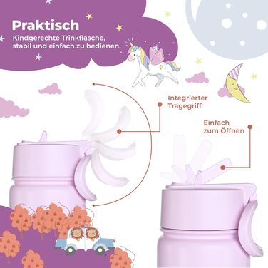 Дитяча термопляшка Bearfoot з нержавіючої сталі з трубочкою, 400 мл, без BPA, не протікає, для дівчаток та хлопчиків, ідеальна для школи та дитячого садка (Ліден - Bubbletea)