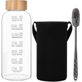 RNCKUUE 2 Liter Glass Bottle, 2l Glass Drinking Bottle, Glass Water Bottle with Strainer, Neoprene Sleeve, Bottle Brush (2000 ml, Bamboo Lid)