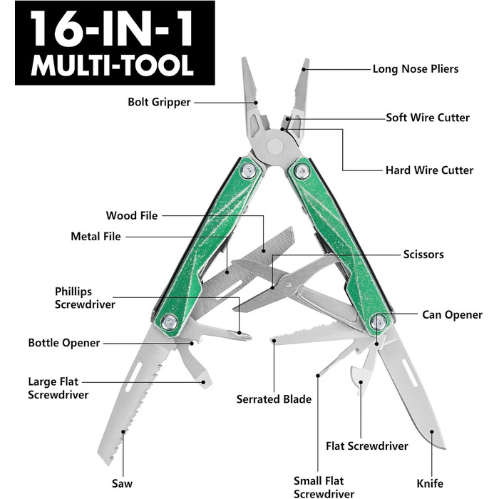 Мультитул Swiss+Tech 16-в-1 з нержавіючої сталі з ножем, пилкою, плоскогубцями, викрутками та ножицями для кемпінгу, відпочинку та ремонту, з чохлом, вінтажний зелений