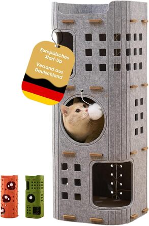 Котяча кігтеточка преміум-класу з 4 ярусами та 3 будиночками, філц, 90 см, зелений (сірий), 35x35x90 см