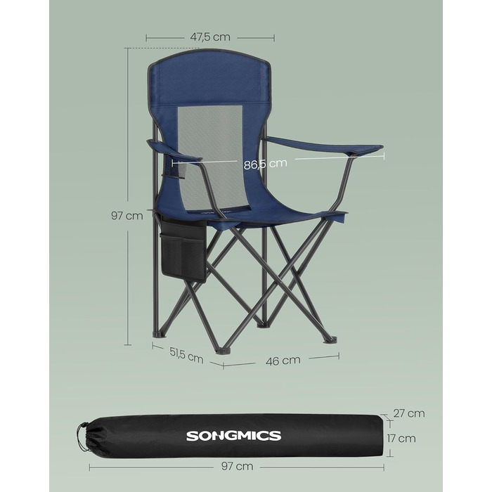 Набір кемпінгових стільців SONGMICS 2 шт., складані, для риболовлі, висока спинка, регульовані підлокітники, підсклянники, до 150 кг, блакитний