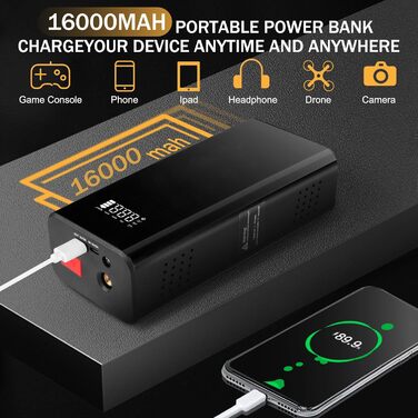 Powerbank з компресором для запуску авто 12V, 10L бензин/8L дизель, LED-ліхтар, швидка зарядка, чорний