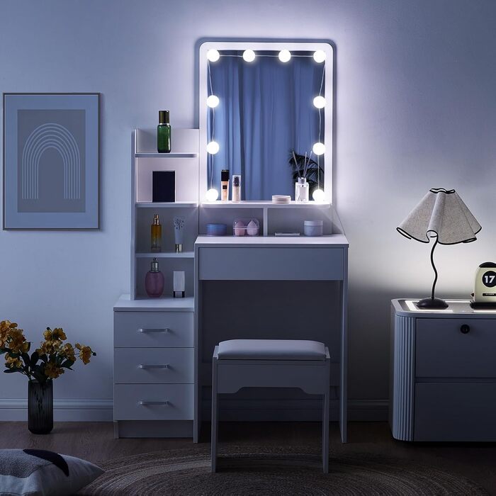 Туалетний столик CLIPOP білий з дзеркалом і LED підсвіткою, 5 шухляд, 4 відкриті полиці, стілець, 80x40x130 см