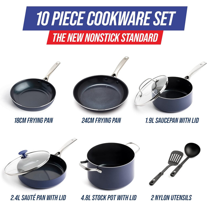 Набір посуду Blue Diamond Cookware Diamantstruktur Keramik Antihaft, 7-10 предметів: каструлі, сковорідки, молочник. Без PFAS, для всіх типів плит, включаючи індукцію. Можна мити в посудомийній машині, витримує температуру до 200°C.
