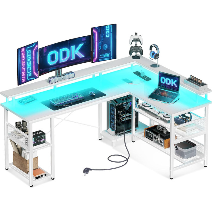 Геймерський стіл ODK з LED-підсвіткою, кутовий, реверсивний, 2 розетки та 2 USB-порти, велика біла модель 168×120 см, з сітчастою полицею