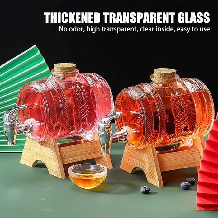 OUGPIU Whisky Decanter, 1000ml Barrel with Tap and Wooden Base, Barrel-Shaped Glass Drink Dispenser with Stopper Corks, Transparent Alcohol Dispenser Set Gifts for Friend, Husband, Father