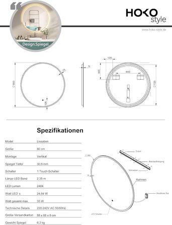 Дзеркало для ванної кімнати HOKO ULM 60 см з підсвічуванням LED, нагрівом проти запотівання та сенсорним вимикачем. Колір: золото. Розміри: 80x80 см