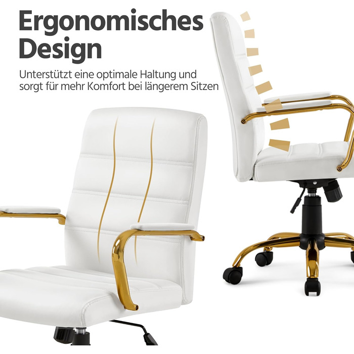 Офісне крісло Yaheetech з ергономічною спинкою, поворотне, з роликами та підлокітниками, до 130 кг, білий/золотий