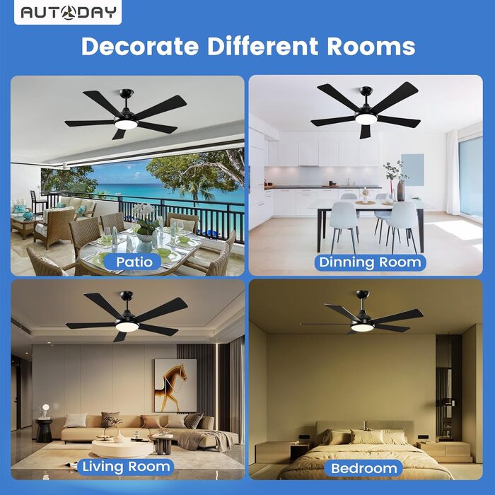 Дерев'яний стельовий вентилятор з підсвічуванням, LED 24W, тихий DC-двигун 38W, 132 см, з пультом дистанційного керування, 6 швидкостей, таймер, (Чорний)