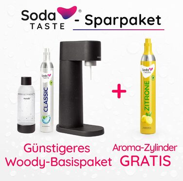 Набір Mysoda Woody: газований напій з дерева, 1л BPA-free пляшка, циліндри CO2 Classic та Lemon (чорний)