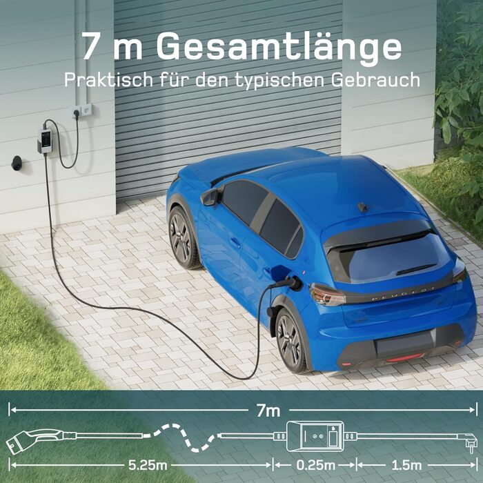 Кабель зарядки для електромобіля тип 2 Schuko 3,7kW (6-16A, 1-фазний) з LCD дисплеєм, 7м, для ID.3/4/5/7, Model Y/3, ENYAQ та інших PHEV/EV