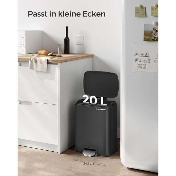 Відро для сміття SONGMICS з педаллю, 20 літрів, з м'яким закриттям, з внутрішнім відром, 15 мішків, металеве срібло LTB543E01