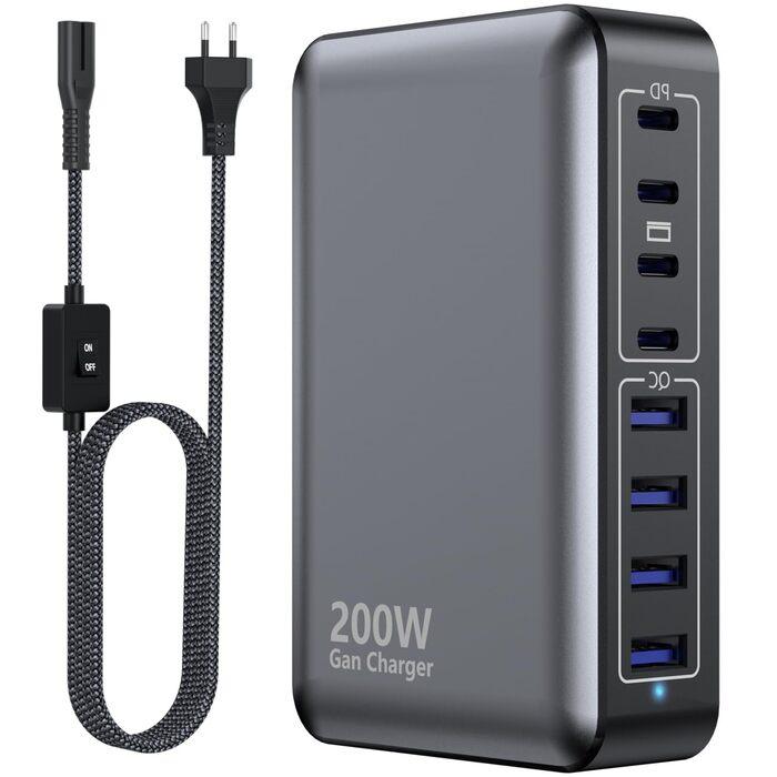 Зарядний пристрій USB-C 200W, 8 портів GaN, швидка зарядка PD 65W для ноутбука MacBook/Dell/Steam Deck, iPhone 17/16/15/14, Galaxy S24/S23 (чорний)