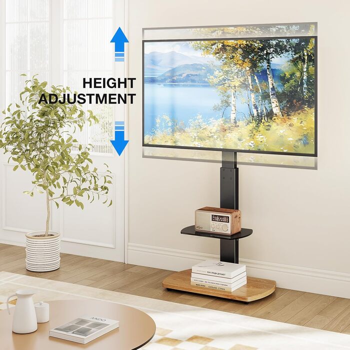 Підставка для телевізора Ttap 32-65 дюймів з дубом та скляною полицею, поворотна та регульована по висоті