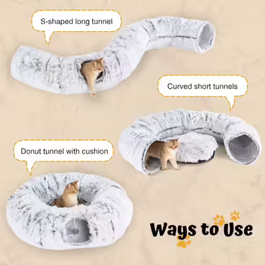 Adventure Cat Tunnel with Central Cushion, Soft Cat Toy Round Multi-Function Cat Bed - Gray