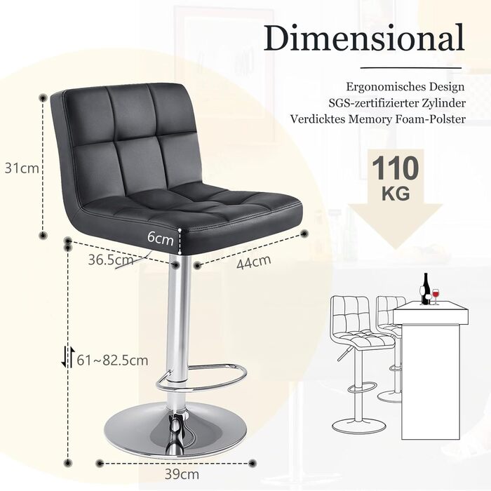 DUMOS Set of 2 Adjustable Bar Stools - Modern Style, Metal Legs, Kitchen Bar Stools with Backrest - for Bar, Kitchen & Living Room (White & Black)