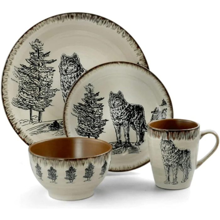 Набір посуду Elama Rundes з 16 предметів, кераміка, ошатний дизайн, океановий блакитно-зелений та зелений, з елементами теплого таупового та коричневого кольорів