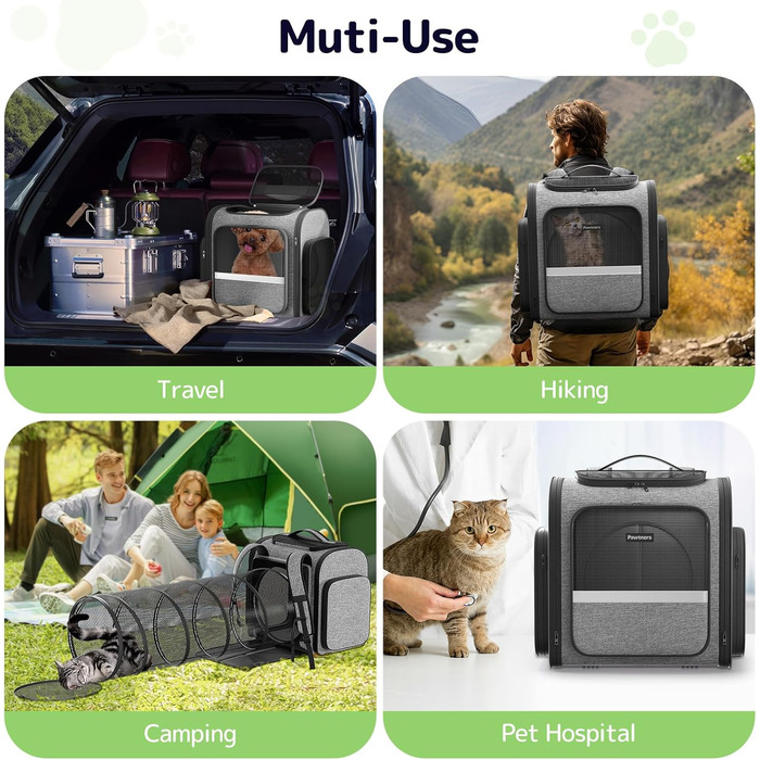 Рюкзак-переноска для котів Pawtners з розширеним тунелем для ігор, дозволений авіакомпаніями, для маленьких собак та великих котів до 11,3 кг, сірий, розмір L 40 x 32 x 38 см