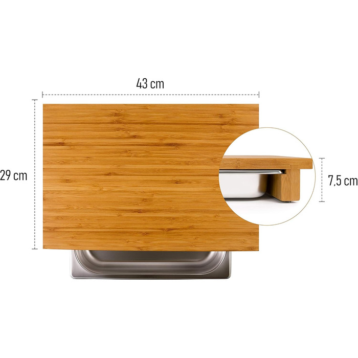 Classic bamboo cutting board GN with magnetic knife holder and stainless steel drip tray, professional wooden kitchen board made of oiled bamboo with container. Cutting board dimensions: 43 x 29 x 7.5 cm