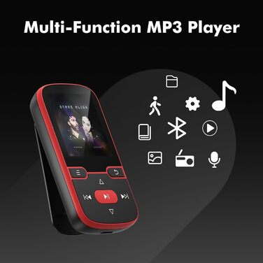 MP3 плеєр 64GB Bluetooth 5.3 з кліпсою, Hi-Fi, для спорту, з FM-радіо, диктофоном, крокоміром, підтримка картки до 128GB, червоний