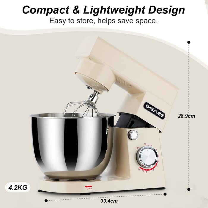 Кухонний комбайн Cheflee 1500W з місткими чашами 4.5 та 5.5L з нержавіючої сталі, 10+ швидкостей, з гаками для тіста, вінчиком та насадками для збивання, з кришкою-розбризкувачем